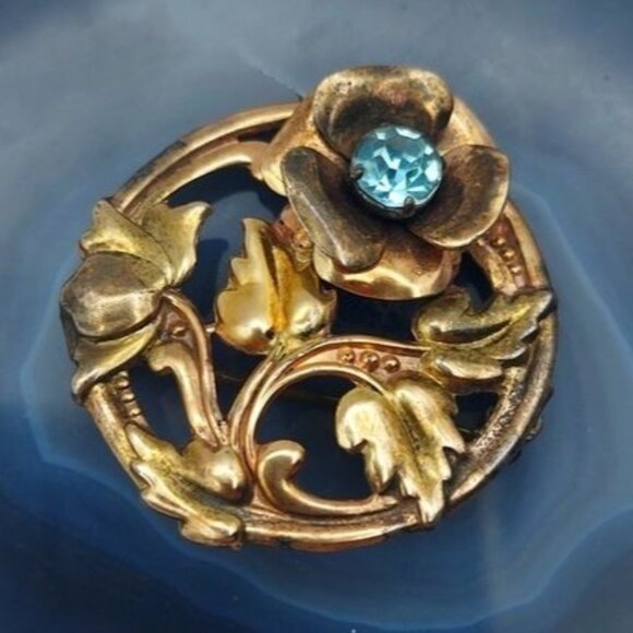 Barclay Jewelry - Vintage Barclay 12Kt Gold Filled Blue Rhinestone Floral Brooch Pin Signed MCM